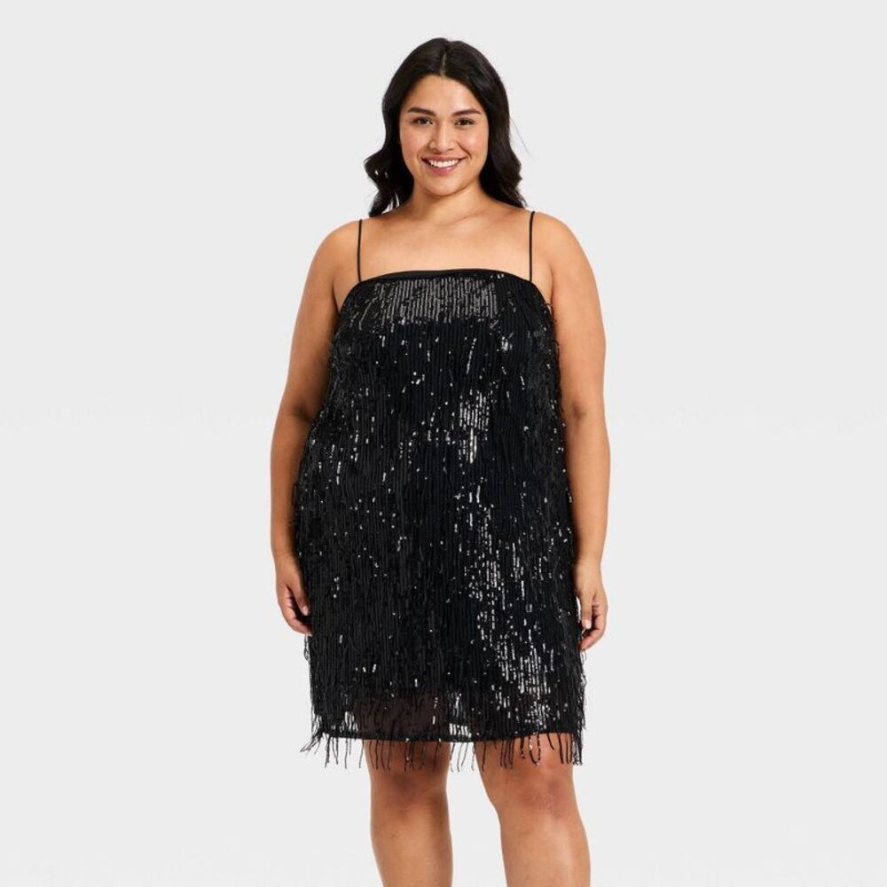 Women's Fringe Mini Shift Dress - A New Day Black XXL